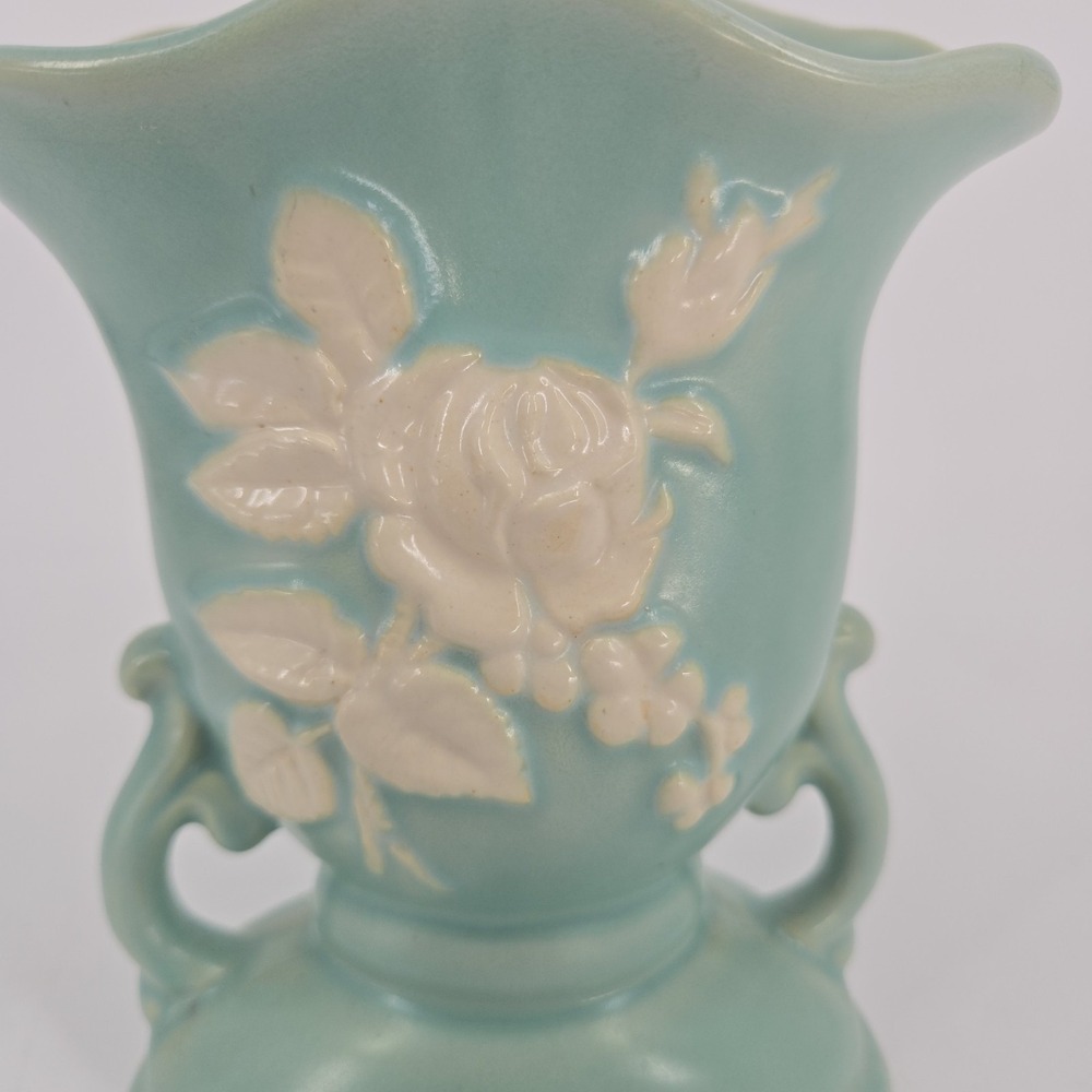 Vintage Weller Cameo Rose Vase Aqua Green White Floral Double Handle 7 In Deco - Picture 2 of 11